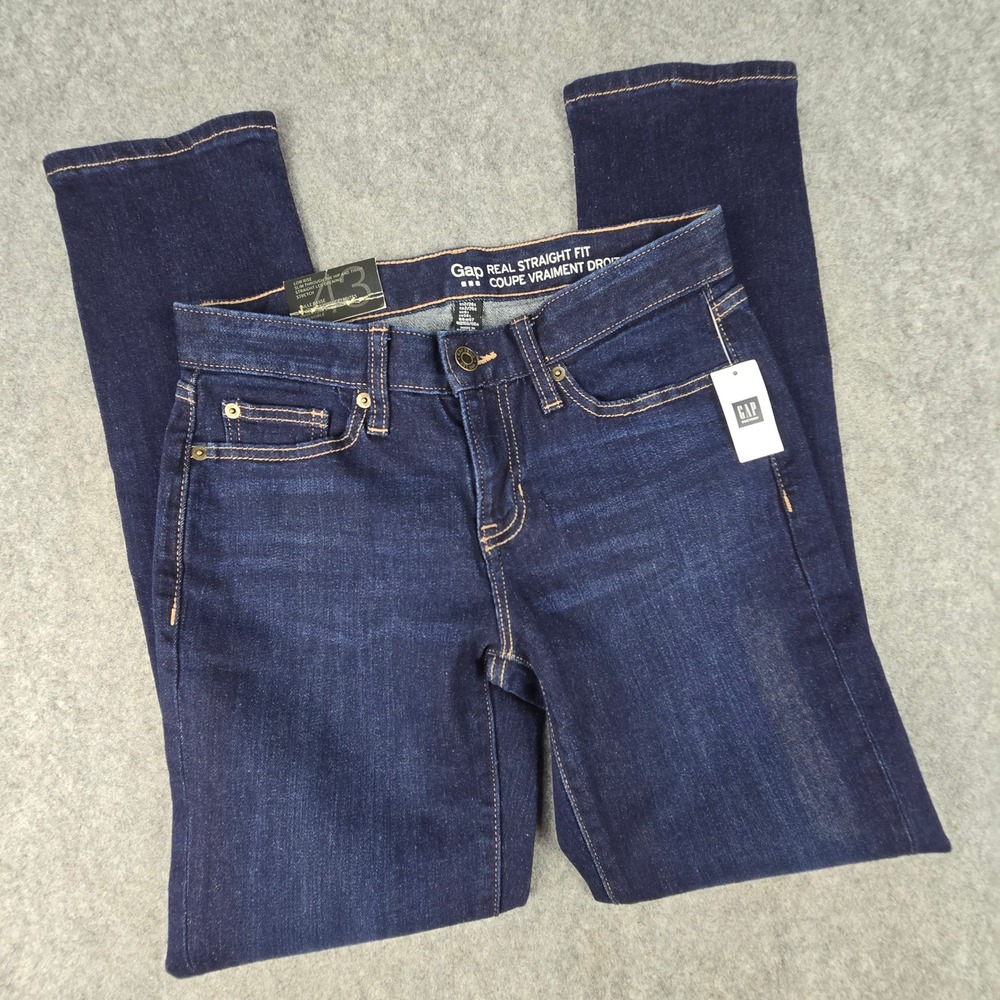 Gap Real Straight Fit Jeans Womens 2/26s Dark Wash Low Rise Stretch Denim NWT